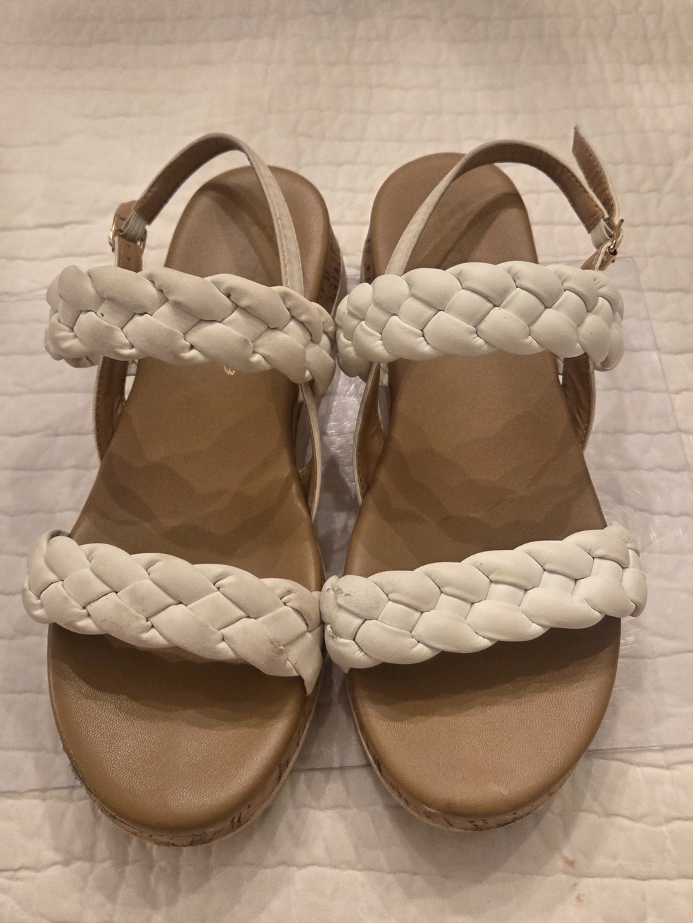 Sophie17 Women’s White Braided Strap Wedge Sandals Size 5